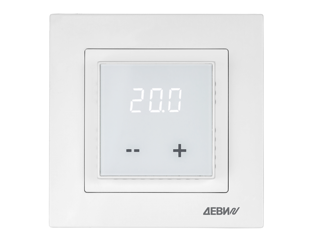 140F1030R — Терморегулятор ДЕВИ Room (комнатный), IP 21, размеры 84 x 84 x 50 мм, диапазон регулирования температуры 5...40 °С