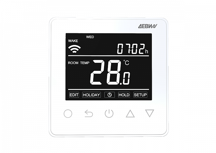 140F1141R — Терморегулятор ДЕВИ Prime (Прайм) c Wi-Fi белый IP 21, размеры 87 x 87 x 42 мм, диапазон регулирования температуры 5…40 °C